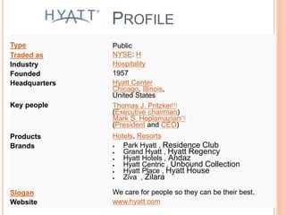 PROFILE
Type Public
Traded as NYSE: H
Industry Hospitality
Founded 1957
Headquarters Hyatt Center
Chicago, Illinois,
United States
Key people Thomas J. Pritzker[1]
(Executive chairman)
Mark S. Hoplamazian[1]
(President and CEO)
Products Hotels, Resorts
Brands  Park Hyatt , Residence Club
 Grand Hyatt , Hyatt Regency
 Hyatt Hotels , Andaz
 Hyatt Centric , Unbound Collection
 Hyatt Place , Hyatt House
 Ziva , Zilara
Slogan We care for people so they can be their best.
Website www.hyatt.com
 