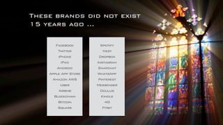 These brands did not exist
15 years ago …
Facebook
Twitter
iPhone
iPad
Android
Apple App Store
Amazon AWS
Uber
Airbnb
Blockchain
Bitcoin
Square
Spotify
Nest
Dropbox
Instagram
Snapchat
WhatsApp
Pinterest
Messenger
Oculus
Kindle
4G
Fitbit
 