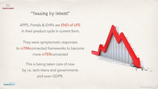 ©lucienengelen
APPS, Portals & EHR’s are END of LIFE 
in their product cycle in current form.
They were symptomatic responses 
to inTRAconnected frameworks to become  
more inTERconnected
This is being taken care of now
by i.e. tech-titans and governments 
and even GDPR.
“Teasing by intent”
 