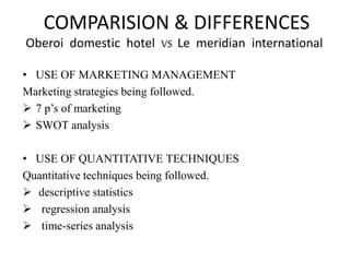 COMPARISION & DIFFERENCES
Oberoi domestic hotel VS Le meridian international
• USE OF MARKETING MANAGEMENT
Marketing strategies being followed.
 7 p’s of marketing
 SWOT analysis
• USE OF QUANTITATIVE TECHNIQUES
Quantitative techniques being followed.
 descriptive statistics
 regression analysis
 time-series analysis
 