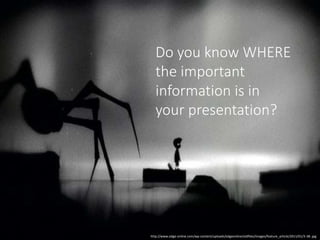 RepeatImportantInfo
Do you know WHERE
the important
information is in
your presentation?
http://www.edge-online.com/wp-content/uploads/edgeonline/oldfiles/images/feature_article/2011/01/3-38-.jpg
 