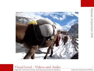 RepeatImportantInfo
Visual Level - Videos and Audio
bradley landry https://vimeo.com/32570572Flogging Molly - Worst Day Since Yesterday - https://www.youtube.com/watch?v=sDSud7vAH_0
 