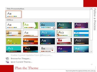 Plan the Theme
FollowaProcess
http://content.gcflearnfree.org/topics/235/slide_theme_select.png
 