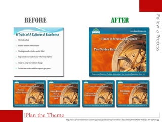Plan the Theme
FollowaProcess
http://www.presentationteam.com/images/tips/powerpoint/presentation-sharp-details/PowerPoint-Redesign-Jim-Garland.jpg
 
