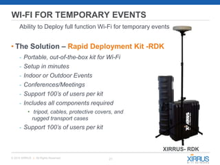 21© 2015 XIRRUS :: All Rights Reserved
WI-FI FOR TEMPORARY EVENTS
Ability to Deploy full function Wi-Fi for temporary events
• The Solution – Rapid Deployment Kit -RDK
- Portable, out-of-the-box kit for Wi-Fi
- Setup in minutes
- Indoor or Outdoor Events
- Conferences/Meetings
- Support 100’s of users per kit
- Includes all components required
• tripod, cables, protective covers, and
rugged transport cases
- Support 100’s of users per kit
XIRRUS- RDK
 