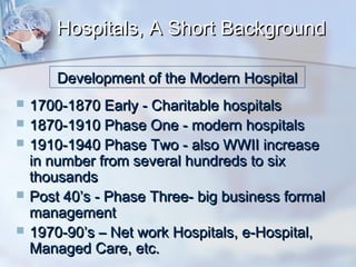 Hospitals, A Short Background
Development of the Modern Hospital







1700-1870 Early - Charitable hospitals
1870-1910 Phase One - modern hospitals
1910-1940 Phase Two - also WWII increase
in number from several hundreds to six
thousands
Post 40’s - Phase Three- big business formal
management
1970-90’s – Net work Hospitals, e-Hospital,
Managed Care, etc.

 