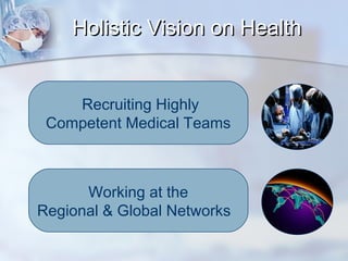 Holistic Vision on Health
Recruiting Highly
Competent Medical Teams

Working at the
Regional & Global Networks

 