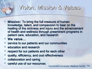 Vision, Mission & Values










Mission: To bring the full measure of human
knowledge, talent, and compassion to bear on the
healing of the sickness and injury and the advancement
of health and wellness through preeminent programs in
patient care, education, and research.
We value...
service to our patients and our communities
education and research
respect for our patients and for each other
quality, efficiency, and cost effectiveness
collaboration and caring
careful use of our resources

Vanderbilt University Medical Center, TN

 