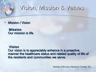 Vision, Mission & Values


Mission / Vision
Mission
Our mission is life.

Vision
Our vision is to appreciably enhance in a proactive
manner the healthcare status and related quality of life of
the residents and communities we serve.
Mobile Infirmary Medical Center, AL

 