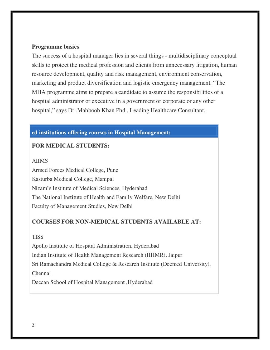 A Career in Hospital Management, Master’s in Hospital Administration