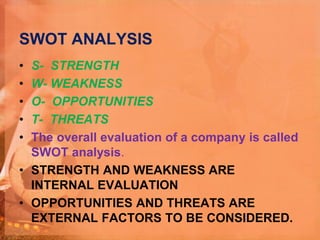 SWOT ANALYSIS
• S- STRENGTH
• W- WEAKNESS
• O- OPPORTUNITIES
• T- THREATS
• The overall evaluation of a company is called
SWOT analysis.
• STRENGTH AND WEAKNESS ARE
INTERNAL EVALUATION
• OPPORTUNITIES AND THREATS ARE
EXTERNAL FACTORS TO BE CONSIDERED.
 