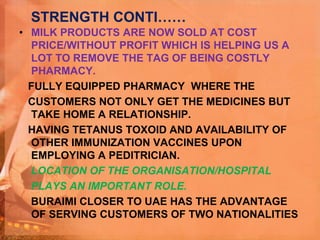 STRENGTH CONTI……
• MILK PRODUCTS ARE NOW SOLD AT COST
PRICE/WITHOUT PROFIT WHICH IS HELPING US A
LOT TO REMOVE THE TAG OF BEING COSTLY
PHARMACY.
FULLY EQUIPPED PHARMACY WHERE THE
CUSTOMERS NOT ONLY GET THE MEDICINES BUT
TAKE HOME A RELATIONSHIP.
HAVING TETANUS TOXOID AND AVAILABILITY OF
OTHER IMMUNIZATION VACCINES UPON
EMPLOYING A PEDITRICIAN.
LOCATION OF THE ORGANISATION/HOSPITAL
PLAYS AN IMPORTANT ROLE.
BURAIMI CLOSER TO UAE HAS THE ADVANTAGE
OF SERVING CUSTOMERS OF TWO NATIONALITIES
 