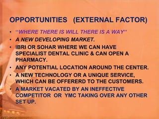 OPPORTUNITIES (EXTERNAL FACTOR)
• ‘‘WHERE THERE IS WILL THERE IS A WAY’’
• A NEW DEVELOPING MARKET.
• IBRI OR SOHAR WHERE WE CAN HAVE
SPECIALIST DENTAL CLINIC & CAN OPEN A
PHARMACY.
• ANY POTENTIAL LOCATION AROUND THE CENTER.
• A NEW TECHNOLOGY OR A UNIQUE SERVICE,
WHICH CAN BE OFFERERD TO THE CUSTOMERS.
• A MARKET VACATED BY AN INEFFECTIVE
COMPETITOR OR YMC TAKING OVER ANY OTHER
SET UP.
 