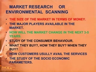 MARKET RESEARCH OR
ENVIRONMENTAL SCANNING
• THE SIZE OF THE MARKET IN TERMS OF MONEY.
• THE MAJOR PLAYERS AVAILABLE IN THE
MARKET.
• HOW WILL THE MARKET CHANGE IN THE NEXT 3-5
YEARS.
• STUDY OF THE CONSUMER BEHAVIOUR.
• WHAT THEY BUY?, HOW THEY BUY? WHEN THEY
BUY?
• HOW CUSTOMERS USULLY AVAIL THE SERVICES
• THE STUDY OF THE SOCIO ECONOMIC
PARAMETERS.
 