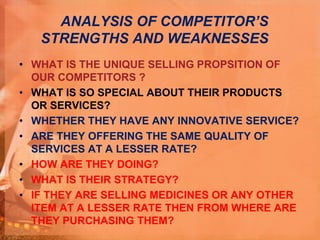 ANALYSIS OF COMPETITOR’S
STRENGTHS AND WEAKNESSES
• WHAT IS THE UNIQUE SELLING PROPSITION OF
OUR COMPETITORS ?
• WHAT IS SO SPECIAL ABOUT THEIR PRODUCTS
OR SERVICES?
• WHETHER THEY HAVE ANY INNOVATIVE SERVICE?
• ARE THEY OFFERING THE SAME QUALITY OF
SERVICES AT A LESSER RATE?
• HOW ARE THEY DOING?
• WHAT IS THEIR STRATEGY?
• IF THEY ARE SELLING MEDICINES OR ANY OTHER
ITEM AT A LESSER RATE THEN FROM WHERE ARE
THEY PURCHASING THEM?
 