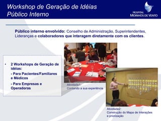 Workshop de Geração de Idéias
    Público Interno

       Público interno envolvido: Conselho de Administração, Superintendentes,
       Lideranças e colaboradores que interagem diretamente com os clientes.




•    2 Workshops de Geração de
     idéias:
     - Para Pacientes/Familiares
     e Médicos
     - Para Empresas e             Atividade1:
     Operadoras                    Contando a sua experiência




                                                                Atividade2:
                                                                Construção do Mapa de Interações
                                                                e priorização
 