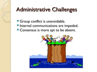 Administrative ChallengesAdministrative Challenges
Group conflict is unavoidable.
Internal communications are impeded.
Consensus is more apt to be absent.
 