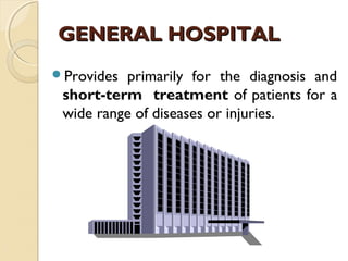 GENERAL HOSPITALGENERAL HOSPITAL
Provides primarily for the diagnosis and
short-term treatment of patients for a
wide range of diseases or injuries.
 