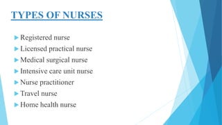 TYPES OF NURSES
 Registered nurse
 Licensed practical nurse
 Medical surgical nurse
 Intensive care unit nurse
 Nurse practitioner
 Travel nurse
 Home health nurse
 