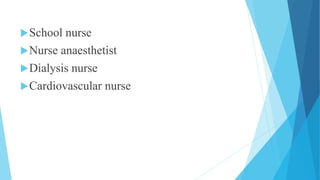 School nurse
Nurse anaesthetist
Dialysis nurse
Cardiovascular nurse
 