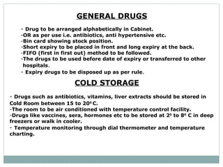 GENERAL DRUGS   -  Drug to be arranged alphabetically in Cabinet.  OR as per use i.e. antibiotics, anti hypertensive etc.  Bin card showing stock position.  Short expiry to be placed in front and long expiry at the back. FIFO (first in first out) method to be followed.  The drugs to be used before date of expiry or transferred to other hospitals . -  Expiry drugs to be disposed up as per rule .  COLD STORAGE   -  Drugs such as antibiotics, vitamins, liver extracts should be stored in  Cold Room between 15 to 20 0  C.  The room to be air conditioned with temperature control facility.  Drugs like vaccines, sera, hormones etc to be stored at 2 0  to 8 0  C in deep freezers or walk in cooler.  Temperature monitoring through dial thermometer and temperature charting.  