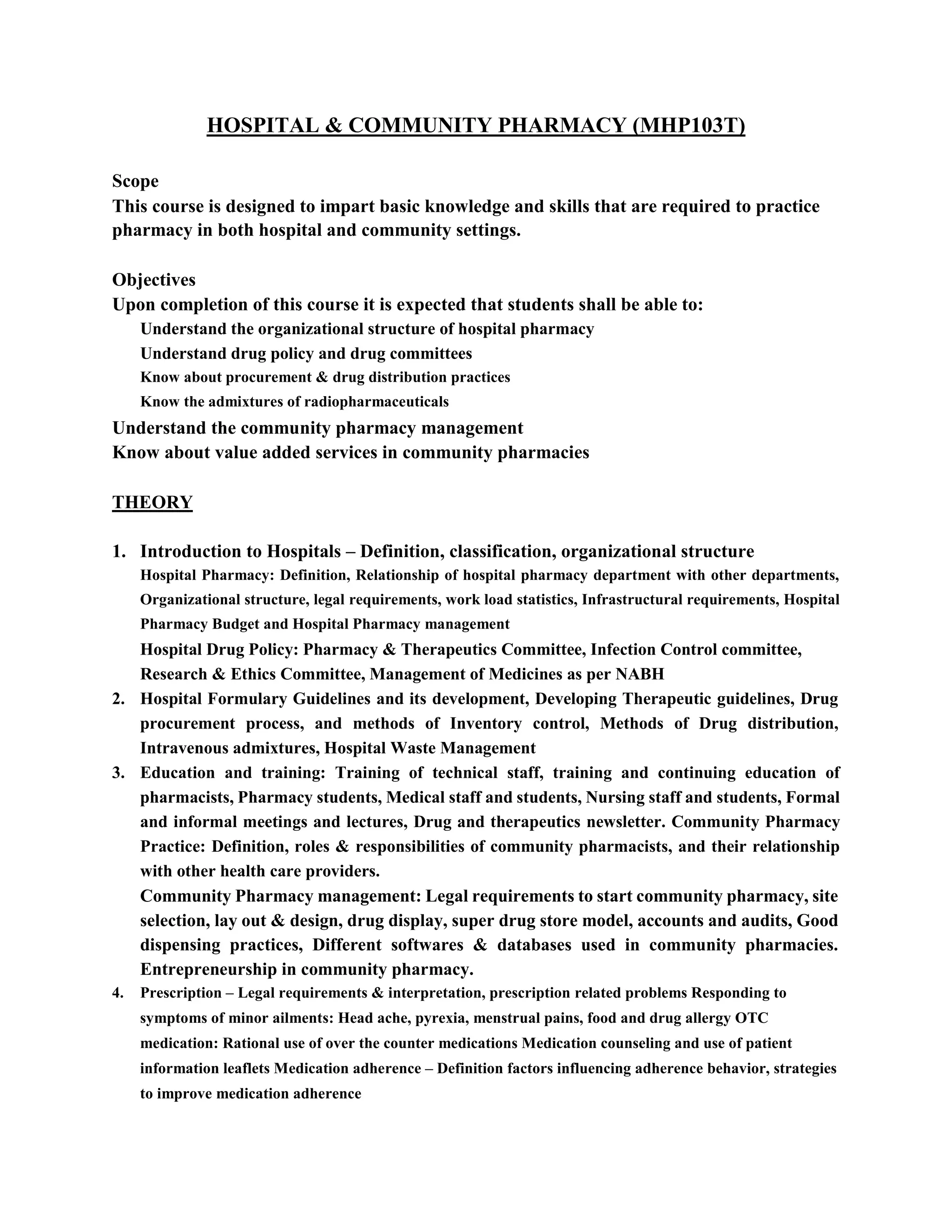 Hospital pharmacy syllabus | PDF