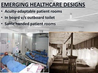EMERGING HEALTHCARE DESIGNS
• Acuity-adaptable patient rooms
• In board v/s outboard toilet
• Same handed patient rooms
 