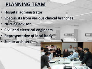 PLANNING TEAM
• Hospital administrator
• Specialists from various clinical branches
• Nursing advisor
• Civil and electrical engineers
• Representative of local body
• Senior architect
 