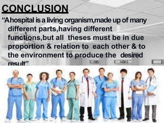 CONCLUSION
“Ahospital isa livingorganism,madeupof many
different parts,having different
functions,but all theses must be in due
proportion & relation to each other & to
the environment to produce the desired
result”
 