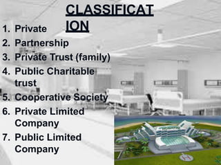 CLASSIFICAT
ION
1. Private
2. Partnership
3. Private Trust (family)
4. Public Charitable
trust
5. Cooperative Society
6. Private Limited
Company
7. Public Limited
Company
 