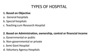 TYPES OF HOSPITAL
1. Based on Objective
a. General hospitals
b. Special hospitals
c. Teaching cum Research Hospital
2. Based on Administration, ownership, control or financial income
a. Governmental or public
b. Non-governmental or private
c. Semi Govt Hospital
d. Voluntary Agency Hospitals
 