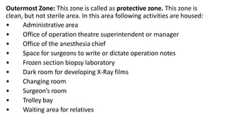 Outermost Zone: This zone is called as protective zone. This zone is
clean, but not sterile area. In this area following activities are housed:
• Administrative area
• Office of operation theatre superintendent or manager
• Office of the anesthesia chief
• Space for surgeons to write or dictate operation notes
• Frozen section biopsy laboratory
• Dark room for developing X-Ray films
• Changing room
• Surgeon’s room
• Trolley bay
• Waiting area for relatives
 