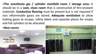 •The anesthesia gas / cylinder manifold room / storage area: It
should be in a cool, clean room that is constructed of fire-resistant
materials. Conductive flooring must be present but is not required if
non inflammable gases are stored. Adequate ventilation to allow
leaking gases to escape, safety labels and separate places for empty
and full cylinders to be allocated.
•Rest rooms
 