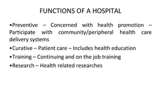 FUNCTIONS OF A HOSPITAL
– Concerned with health promotion –
•Preventive
Participate with community/peripheral health care
delivery systems
•Curative – Patient care – Includes health education
•Training – Continuing and on the job training
•Research – Health related researches
 