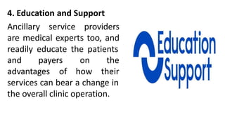 4. Education and Support
Ancillary service providers
are medical experts too, and
readily educate the patients
and payers
advantages of
on the
how their
services can bear a change in
the overall clinic operation.
 