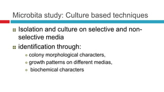 Microbita study: Culture based techniques
Isolation and culture on selective and non-
selective media
identification through:
colony morphological characters,
growth patterns on different medias,
biochemical characters
 