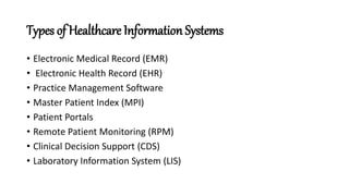 Types of Healthcare Information Systems
• Electronic Medical Record (EMR)
• Electronic Health Record (EHR)
• Practice Management Software
• Master Patient Index (MPI)
• Patient Portals
• Remote Patient Monitoring (RPM)
• Clinical Decision Support (CDS)
• Laboratory Information System (LIS)
 