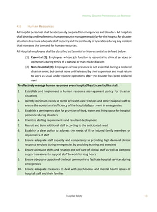 Hospital Disaster Preparedness and Response
19
Hospital Safety
4.6	 Human Resources
All hospital personnel shall be adequately prepared for emergencies and disasters. All hospitals
shall develop and implement a human resource management policy for the hospital for disaster
situationsto ensureadequatestaff capacityand thecontinuityofoperationsduringanyincident
that increases the demand for human resources.
All Hospital employees shall be classified as Essential or Non-essential as defined below:
	 (1)	 Essential (E): Employees whose job function is essential to clinical services or
operations during times of a natural or man-made disaster.
	 (2)	 Non-Essential (N): Employees whose presence is not essential during a declared
disaster event, but cannot leave until released by their supervisor and must return
to work as usual under routine operations after the disaster has been declared
over.
To effectively manage human resources every hospital/healthcare facility shall:
1.	 Establish and implement a human resource management policy for disaster
situations
2.	 Identify minimum needs in terms of health-care workers and other hospital staff to
ensure the operational sufficiency of the hospital/department in emergencies
3.	 Establish a contingency plan for provision of food, water and living space for hospital
personnel during disasters
4.	 Prioritize staffing requirements and resultant deployment
5.	 Recruit and train additional staff according to the anticipated need
6.	 Establish a clear policy to address the needs of ill or injured family members or
dependants of staff
7.	 Ensure adequate staff capacity and competency in providing high demand clinical
response services during emergencies by providing training and exercises
8.	 Ensure adequate shifts and rotation and self care of clinical staff as well as domestic
support measures to support staff to work for long hours
9.	 Ensure adequate capacity of the local community to facilitate hospital services during
emergencies
10.	 Ensure adequate measures to deal with psychosocial and mental health issues of
hospital staff and their families
 