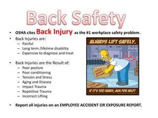 Back Injury as the #1 workplace safety problem.

• OSHA cites
• Back Injuries are:

– Painful
– Long term /lifetime disability
– Expensive to diagnose and treat

• Back Injuries are the Result of:
–
–
–
–
–
–
–

Poor posture
Poor conditioning
Tension and Stress
Aging and Disease
Impact Trauma
Repetitive Trauma
Incorrect Lifting

• Report all injuries on an EMPLOYEE ACCIDENT OR EXPOSURE REPORT.

 