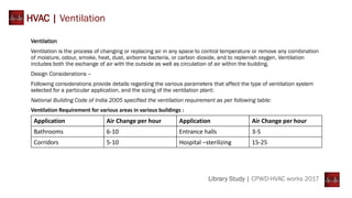 HVAC | Ventilation
Ventilation
Ventilation is the process of changing or replacing air in any space to control temperature or remove any combination
of moisture, odour, smoke, heat, dust, airborne bacteria, or carbon dioxide, and to replenish oxygen. Ventilation
includes both the exchange of air with the outside as well as circulation of air within the building.
Design Considerations –
Following considerations provide details regarding the various parameters that affect the type of ventilation system
selected for a particular application, and the sizing of the ventilation plant:
National Building Code of India 2005 specified the ventilation requirement as per following table:
Ventilation Requirement for various areas in various buildings :
Application Air Change per hour Application Air Change per hour
Bathrooms 6-10 Entrance halls 3-5
Corridors 5-10 Hospital –sterilizing 15-25
Library Study | CPWD-HVAC works 2017
 