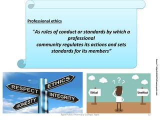 Agra Public Pharmacy College, Agra 12
Professional ethics
“As rules of conduct or standards by which a
professional
community regulates its actions and sets
standards for its members”
Source*-https%3A%2F%2Fwww.quora.com
 