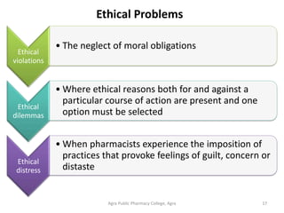 Agra Public Pharmacy College, Agra 17
Ethical Problems
Ethical
violations
• The neglect of moral obligations
Ethical
dilemmas
• Where ethical reasons both for and against a
particular course of action are present and one
option must be selected
Ethical
distress
• When pharmacists experience the imposition of
practices that provoke feelings of guilt, concern or
distaste
 
