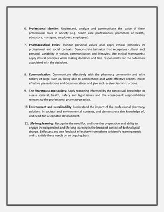 6. Professional Identity: Understand, analyze and communicate the value of their
professional roles in society (e.g. health care professionals, promoters of health,
educators, managers, employers, employees).
7. Pharmaceutical Ethics: Honour personal values and apply ethical principles in
professional and social contexts. Demonstrate behavior that recognizes cultural and
personal variability in values, communication and lifestyles. Use ethical frameworks;
apply ethical principles while making decisions and take responsibility for the outcomes
associated with the decisions.
8. Communication: Communicate effectively with the pharmacy community and with
society at large, such as, being able to comprehend and write effective reports, make
effective presentations and documentation, and give and receive clear instructions.
9. The Pharmacist and society: Apply reasoning informed by the contextual knowledge to
assess societal, health, safety and legal issues and the consequent responsibilities
relevant to the professional pharmacy practice.
10. Environment and sustainability: Understand the impact of the professional pharmacy
solutions in societal and environmental contexts, and demonstrate the knowledge of,
and need for sustainable development.
11. Life-long learning: Recognize the need for, and have the preparation and ability to
engage in independent and life-long learning in the broadest context of technological
change. Selfassess and use feedback effectively from others to identify learning needs
and to satisfy these needs on an ongoing basis
 