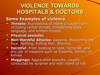 VIOLENCE TOWARDS HOSPITALS & DOCTORS Some Examples of violence   Threats:  Expressions of intent to cause harm, including verbal threats, threatening body language, and written threats. Physical assaults:   Non-Harmful Attacks-  slapping, Blackening the face, Spitting, Pulling Hair, Shoving Harmful  -From beating to rape, homicide, and the use of weapons such as firearms, bombs, or knives. Muggings:  Aggravated assaults, usually conducted by surprise and with intent to rob. 
