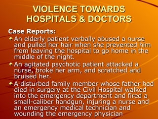 VIOLENCE TOWARDS HOSPITALS & DOCTORS Case Reports: An elderly patient verbally abused a nurse and pulled her hair when she prevented him from leaving the hospital to go home in the middle of the night.  An agitated psychotic patient attacked a nurse, broke her arm, and scratched and bruised her.  A disturbed family member whose father had died in surgery at the Civil Hospital walked into the emergency department and fired a small-caliber handgun, injuring a nurse and an emergency medical technician and wounding the emergency physician  