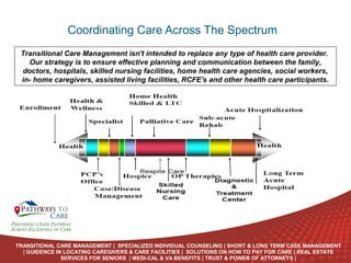Coordinating Care Across The Spectrum
Transitional Care Management isn't intended to replace any type of health care provider.
Our strategy is to ensure effective planning and communication between the family,
doctors, hospitals, skilled nursing facilities, home health care agencies, social workers,
in- home caregivers, assisted living facilities, RCFE's and other health care participants.

ONLINE
LANGUAGE
COURSES

TRANSITIONAL CARE MANAGEMENT | SPECIALIZED INDIVIDUAL COUNSELING | SHORT & LONG TERM CASE MANAGEMENT
| GUIDENCE IN LOCATING CAREGIVERS & CARE FACILITIES | SOLUTIONS ON HOW TO PAY FOR CARE | REAL ESTATE
SERVICES FOR SENIORS | MEDI-CAL & VA BENEFITS | TRUST & POWER OF ATTORNEYS |

 