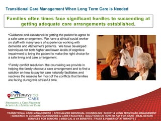 Transitional Care Management When Long Term Care is Needed

Families often times face significant hurdles to succeeding at
getting adequate care arrangements established.
•Guidance and assistance in getting the patient to agree to
a safe care arrangement. We have a clinical social worker
on staff with many years of experience working with
dementia and Alzheimer's patients. We have developed
techniques for both higher and lower levels of cognitive
impairment to bring the patient to make the right choice for
a safe living and care arrangement.
•Family conflict resolution: the counseling we provide in
helping the family choose a care arrangement and to find a
solution on how to pay for care naturally facilitates and
resolves the reasons for most of the conflicts that families
are facing during this stressful time.

ONLINE
LANGUAGE
COURSES

TRANSITIONAL CARE MANAGEMENT | SPECIALIZED INDIVIDUAL COUNSELING | SHORT & LONG TERM CASE MANAGEMENT
| GUIDENCE IN LOCATING CAREGIVERS & CARE FACILITIES | SOLUTIONS ON HOW TO PAY FOR CARE | REAL ESTATE
SERVICES FOR SENIORS | MEDI-CAL & VA BENEFITS | TRUST & POWER OF ATTORNEYS |

 