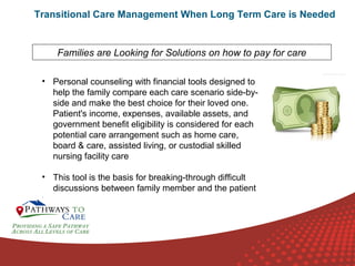 Transitional Care Management When Long Term Care is Needed

Families are Looking for Solutions on how to pay for care
• Personal counseling with financial tools designed to
help the family compare each care scenario side-byside and make the best choice for their loved one.
Patient's income, expenses, available assets, and
government benefit eligibility is considered for each
potential care arrangement such as home care,
board & care, assisted living, or custodial skilled
nursing facility care
• This tool is the basis for breaking-through difficult
discussions between family member and the patient
.

ONLINE
LANGUAGE
COURSES

 