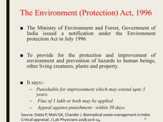 The Environment (Protection) Act, 1996
■ The Ministry of Environment and Forest, Government of
India issued a notification under the Environment
protection Act in July 1996
■ To provide for the protection and improvement of
environment and prevention of hazards to human beings,
other living creatures, plants and property.
■ It says:-
– Punishable for imprisonment which may extend upto 5
years.
– Fine of 1 lakh or both may be applied
– Appeal against punishment– within 30 days.
Source: Datta P, Mohi GK, Chander J. Biomedical waste management in India:
Critical appraisal. J Lab Physicians 2018;10:6-14. 36
 