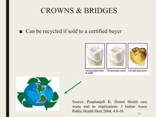 CROWNS & BRIDGES
■ Can be recycled if sold to a certified buyer
Source: Pusphanjali K. Dental Health care
waste and its implications. J Indian Assoc
Public Health Dent 2004; 4:8-10. 76
 